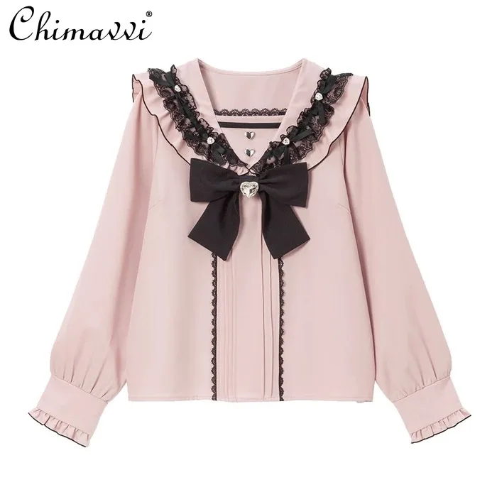 Japanese Sweet Navy Style Big Bow Shirt Female New Autumn Mine Lolita Long Sleeve Cute Girl Ladies Blouse Camisas De Mujer