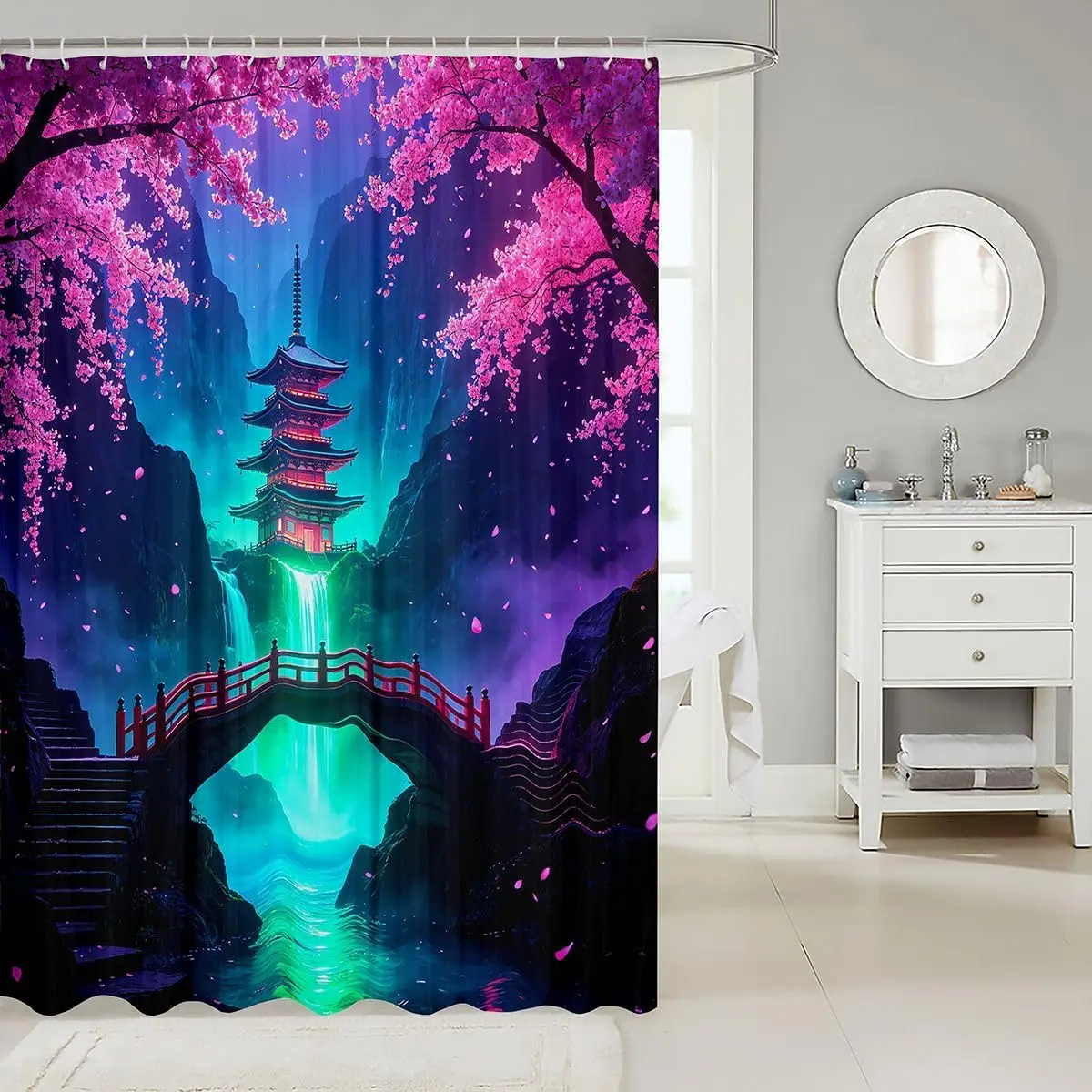 Pink Cherry Blossoms Pagoda Waterfall Shower Curtain 180x180cm Romantic Anime Style Bathroom Decor  Wall Art