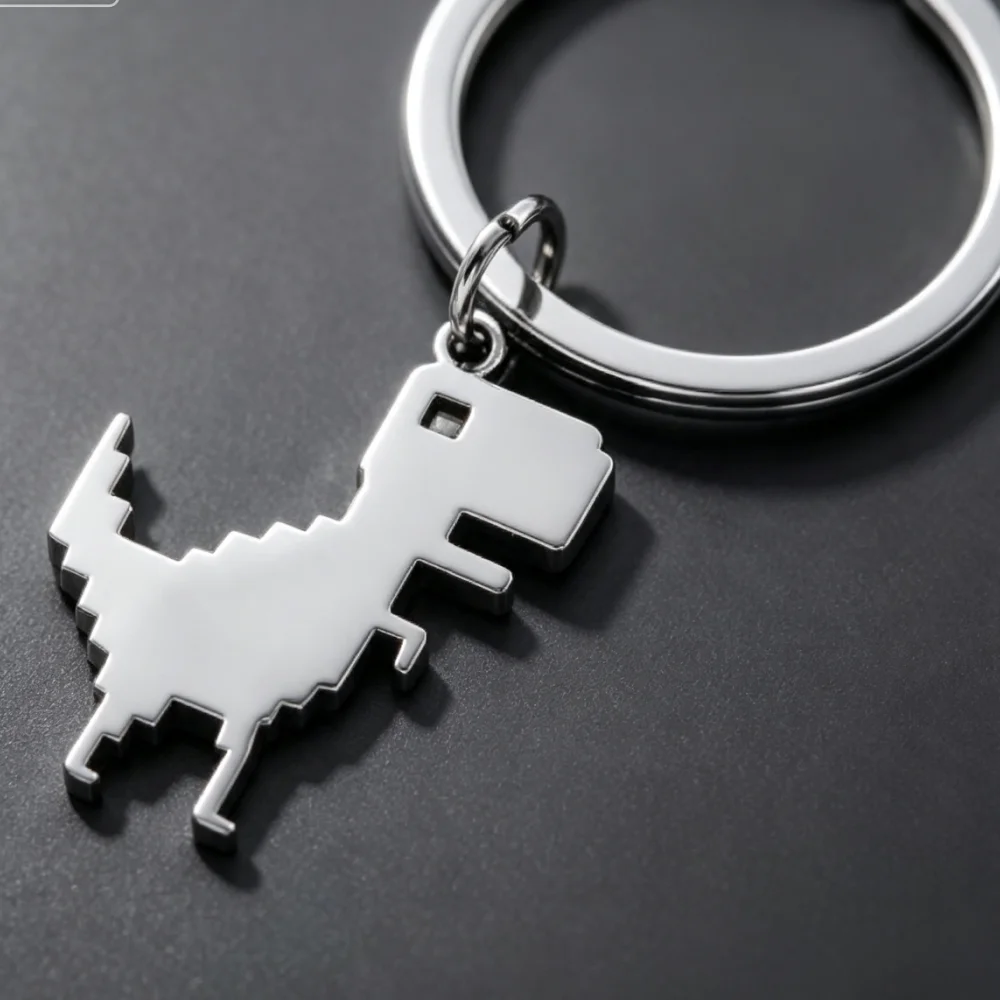Silver Pixel Dinosaur Keychain, No Engraving, Minimalist Stainless Steel Cartoon Dino Metal Key Ring Accessory.