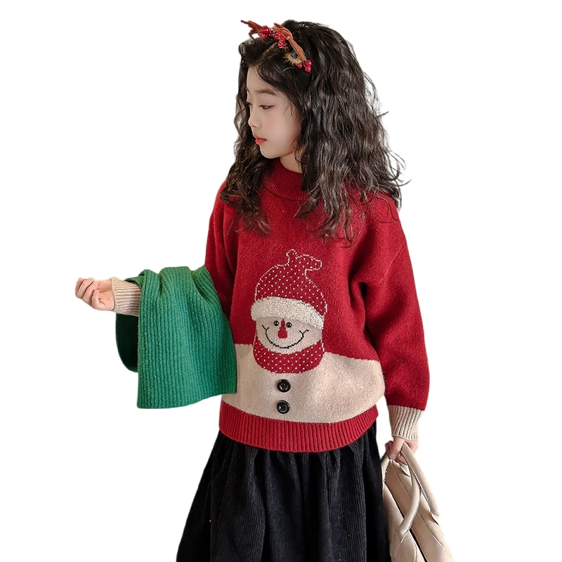 

Vintage Red Kids Christmas Sweater For Girl Casual Pullover New Year Child Knitwear Snowman Pattern Christmas Costume Outerwear