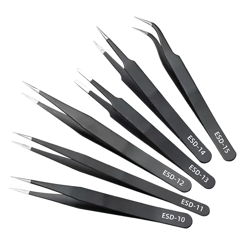 6PCS Stainless Steel Anti-Static Tweezers Set, Precision ESD Tools for Electronics Repair, Soldering, Crafting & Hobby Work