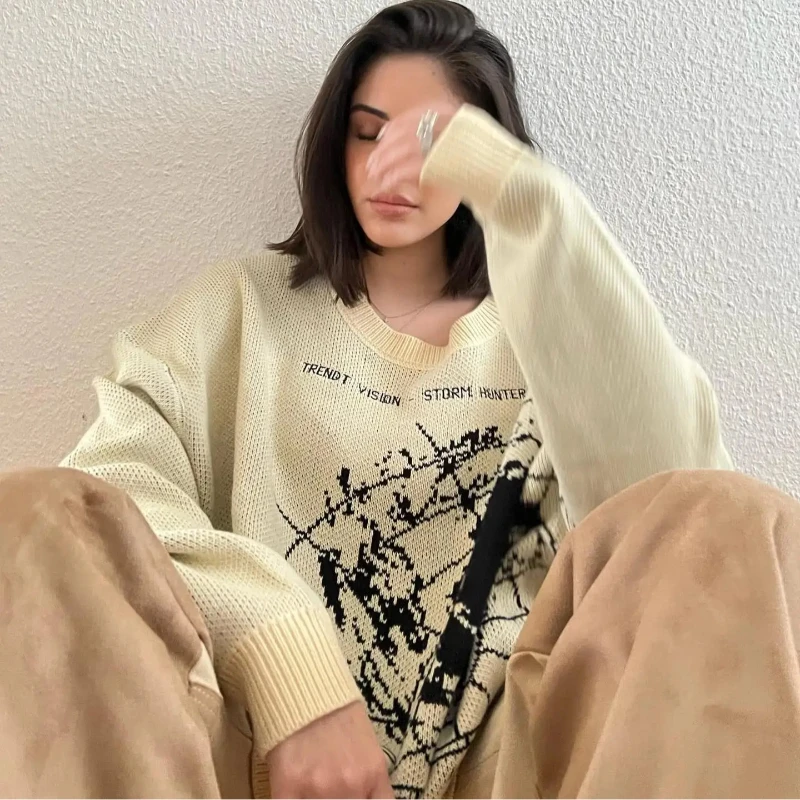 

2025 Y2K Autumn/Winter New Vintage Women's Personalized Fashion Map Printed Loose Contrast Knitted Coat Sweater
