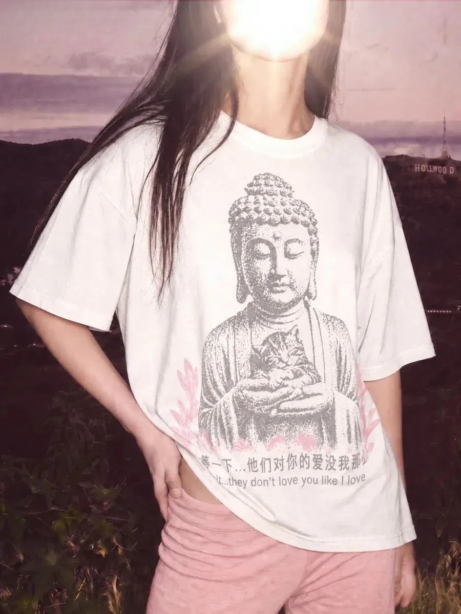 Harajuku Vintage Top Y2K Fashion Short Sleeve Gothic Buddha Print Short Sleeve Casual Loose Street Wear Print Round Neck T Shirt