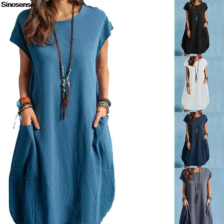 

Womens Oversize Casual Midi Dress With Pockets Solid Color Short Sleeve O Neck Loose Swing Tunic Dress Cotton Linen Summer Dress