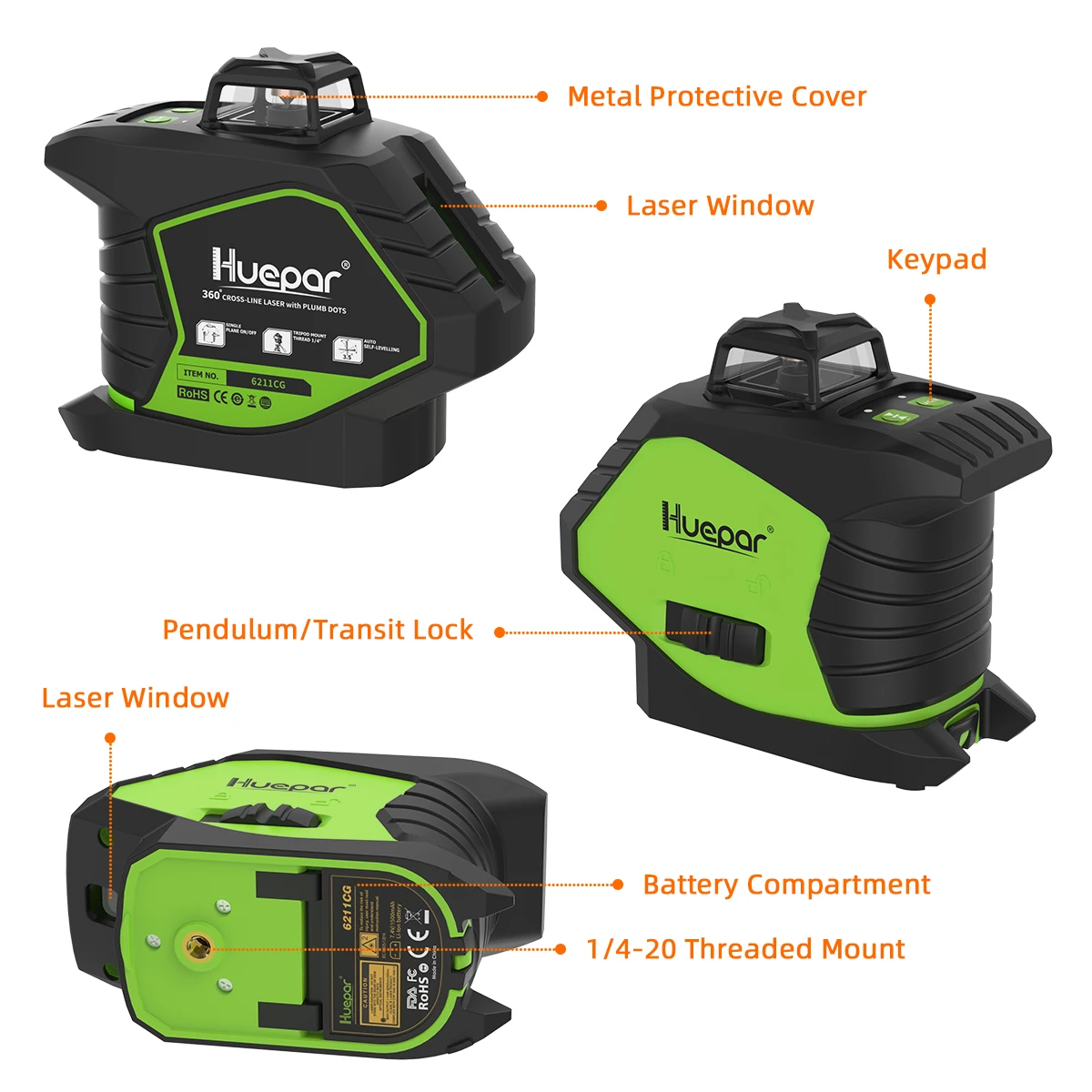 Imagem -04 - Huepar-auto-nivelamento Laser Verde Linhas Linha Cruzada Plumb Dots Cobertura 360 ° Ferramentas Laser de Lítio 6211cg
