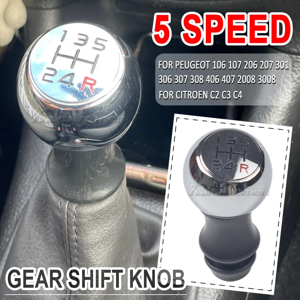 New Chrome Manual 5 6 Speed Car ABS Gear Shift Knob With Gaiter Cover For Peugeot 106 206 306 406 107 207 307 407 301 308 2008