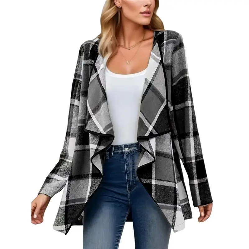 

CYL-Plaid Lapel Open Front Jacket Women,Long Sleeve Shirts For Women,Lightweight Jackets For Women Casual Fall Grey S