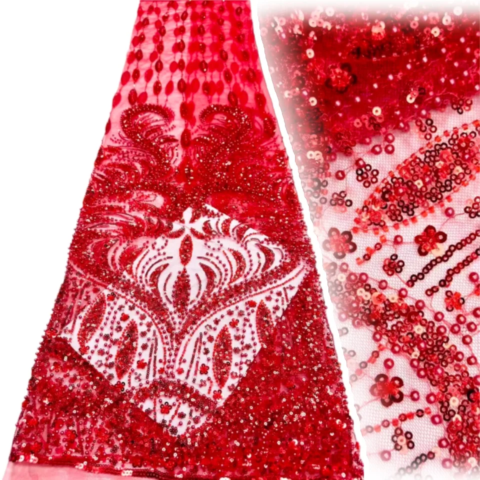 

Red French African Groom Lace Fabric Beaded High Quality Embroidery for Women Wedding Dress Nigerian Sequin Lace Fabric CC1946