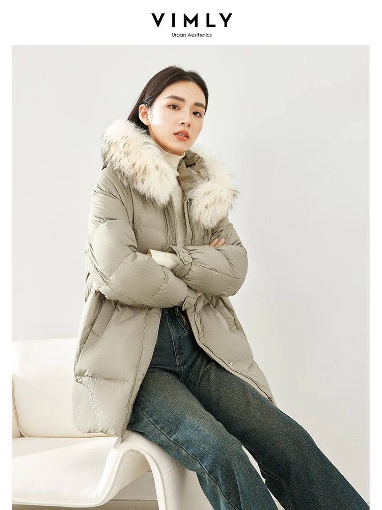 Vimly Winter Fur Collar Hooded Puffer Down Jacket for Women Warmth Zip-up White Duck Down Long Coats Female Outerwear 50336