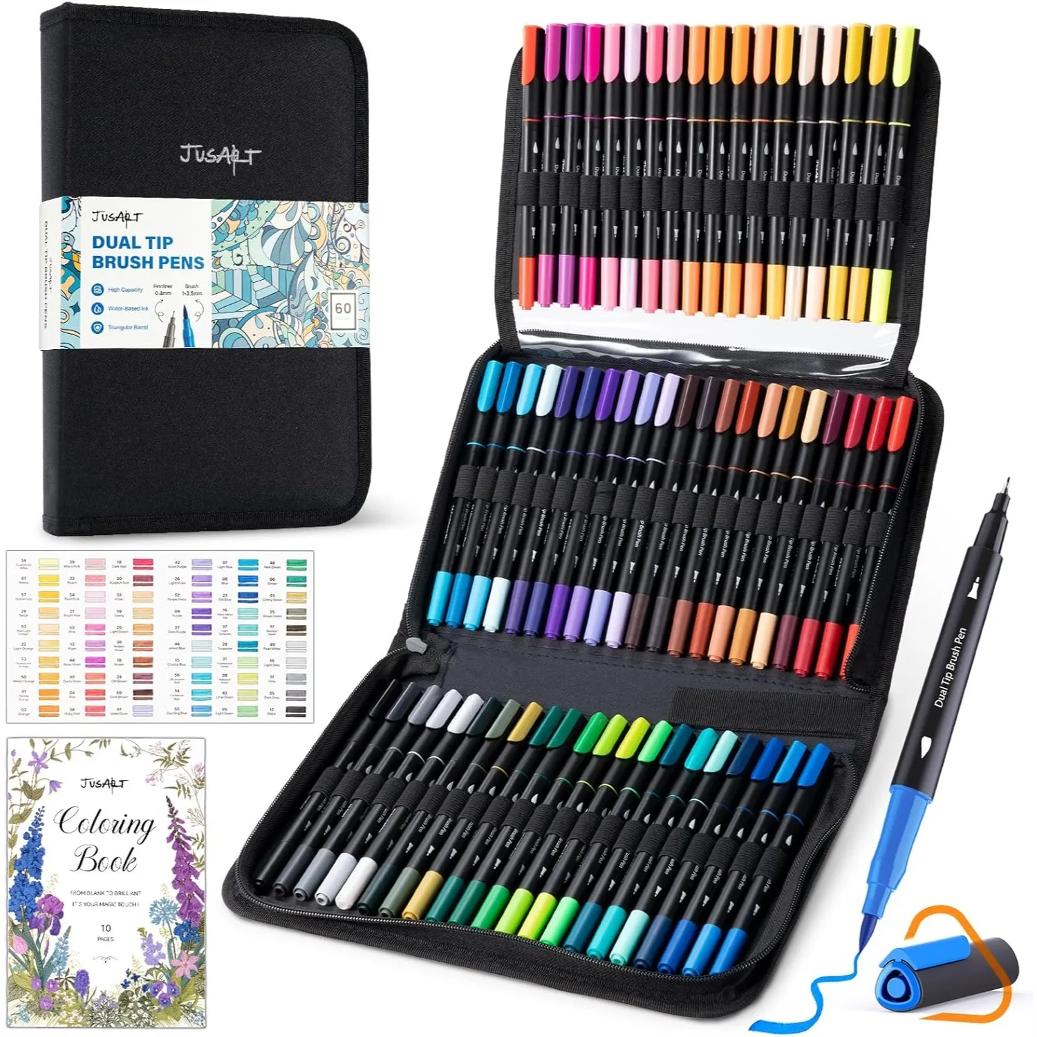 

60 Colors Dual Tip Markers for Adult Coloring Books No Bleeding, Fine & Brush Pens with Ergonomic Triangle Grip, Water-Based Art