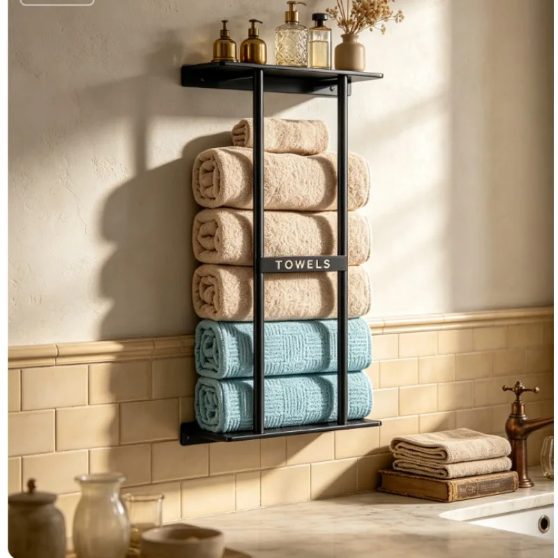 Wall Mounted Towel Rack with Storage Shelf, Rustproof Space Saving Organizer, Minimalist Design for Bathroom Bedroom Home