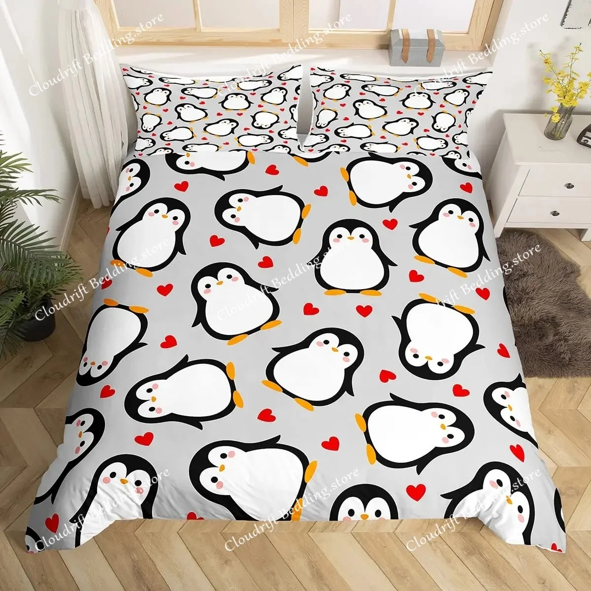 

Penguin Comforter Cover Kawaii Animal Print Black White Little Penguin Duvet Cover Blue Iceberg Antarctica Winter Bedding Set