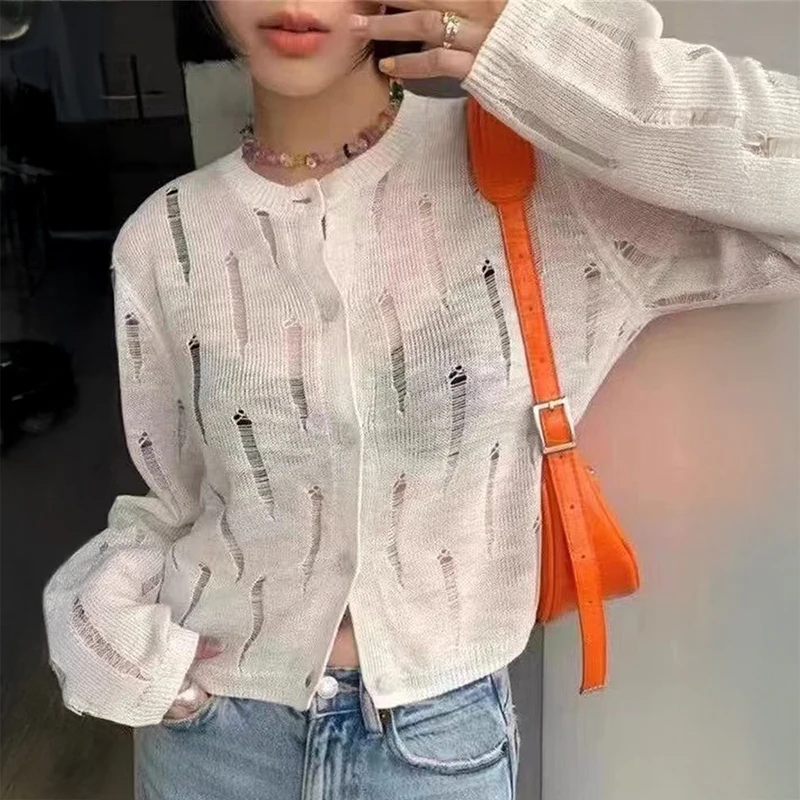 

Distressed Button Front Knit Top Sweater Cardigan Women Long Sleeve Ripped Blouse Summer Cover Up Teen-girl Grunge Y2K Outfit