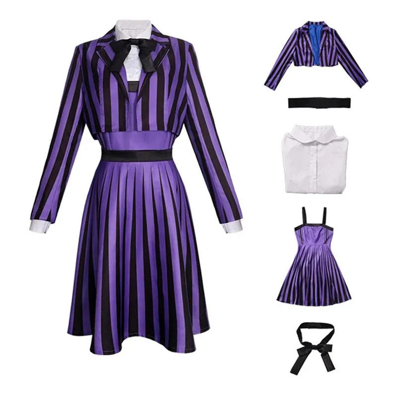 

lili 123Women School Uniform Cosplay Costume Party Dresses Purple Striped Uniforms Coat+Dress For Girls Halloween Carnival Suit