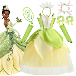 Tiana Cosplay Dress With Crown Disney Princess Disguise Costume Halloween Fantasy Children's Elegant Gown Stage Performance Sets