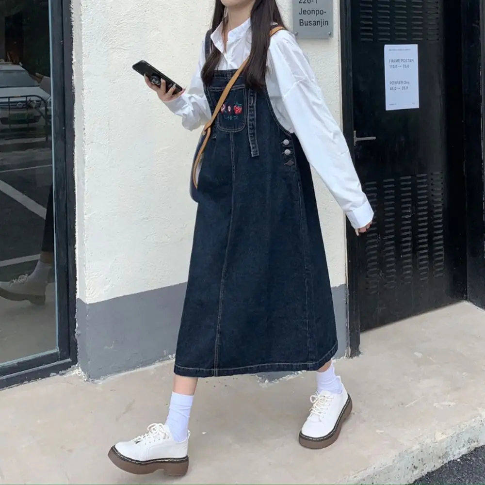 Robe en jean de style preppy vintage, robe en jean avec poche, salopette en jean adt, jupe trapèze, jupe à bretelles solides, printemps