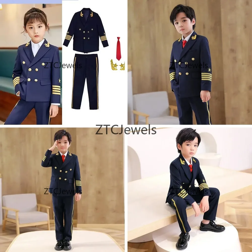 Costume d'uniforme de capitaine de marine pour enfants, déguisement d'Halloween, cadeaux d'anniversaire pour garçons et filles, cosplay de pilote