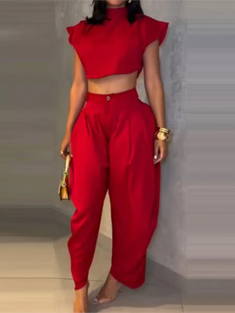 

Summer Fashion New Women's High Waist Trousers Short Sleeve Top Two-piece Sets For Woman Elegant Solid Casual 2 Piece Outfits