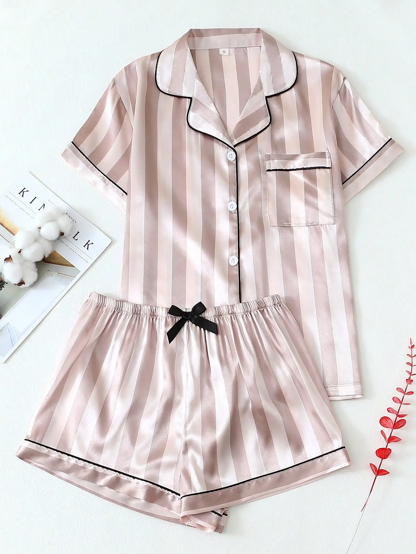 

Women's Satin Stripe Pajama Set with Short Sleeves, Collar, Buttons & Bowknot Shorts for Lounging