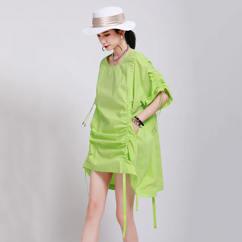 

Dress summer 2024 age-reducing dress foreign style show thin draw rope fold loose show thin mid-length dress female