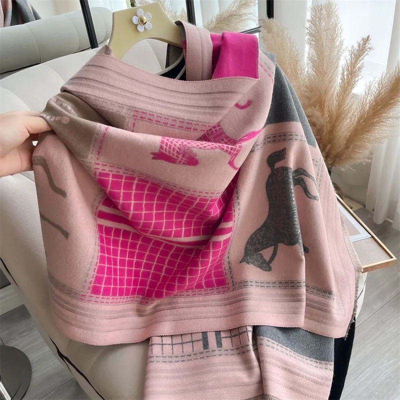 Luxury Brand Horse Jacquard Women Winter Cashmere Scarf Thick Warm Shawl Wraps Pashmina Striped Print Soft Lady Neckerchief