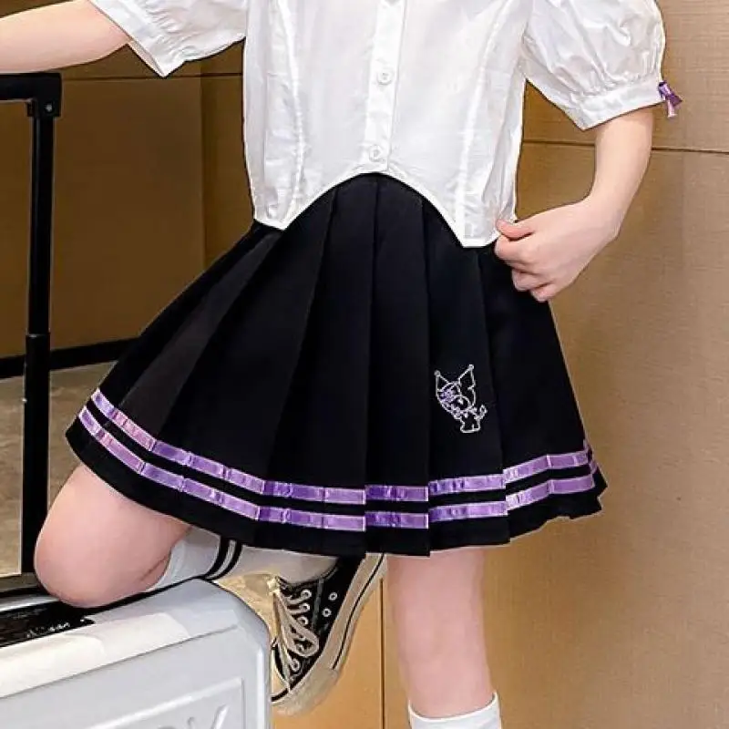 Kawaii Sanrioed Kuromi Kids Korte Mouw Pak Meisje Schattige Jk Uniform Geplooide Rok Preppy Mode Pak Zomer Kinderkleding