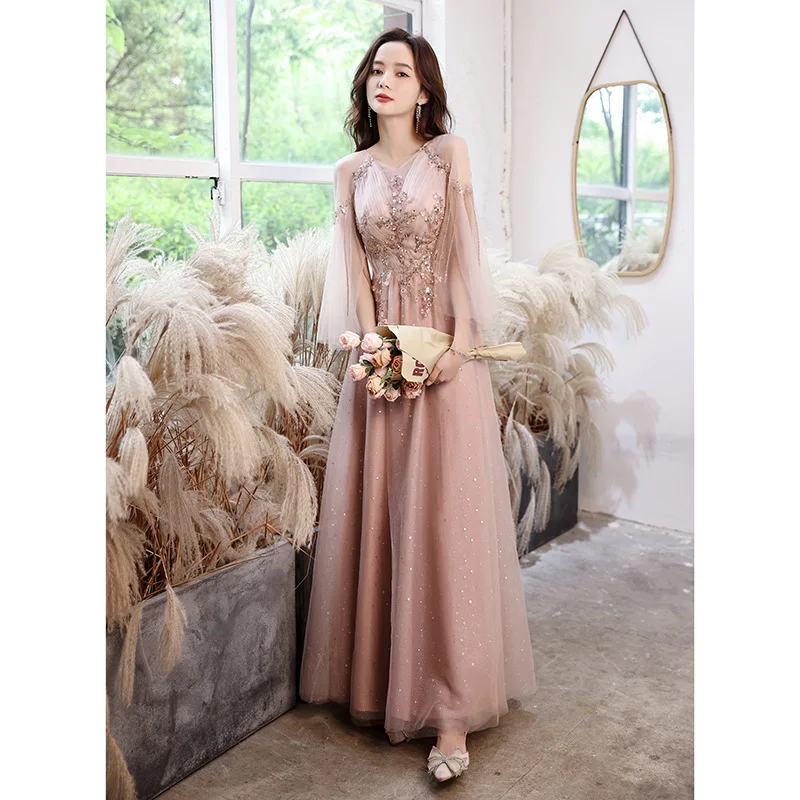 

V-Neck Evening Dress For Women New Spring Autumn Elegance Pink Long Banquet Bridesmaid Dress Chorus Evening Dress Host Dresses