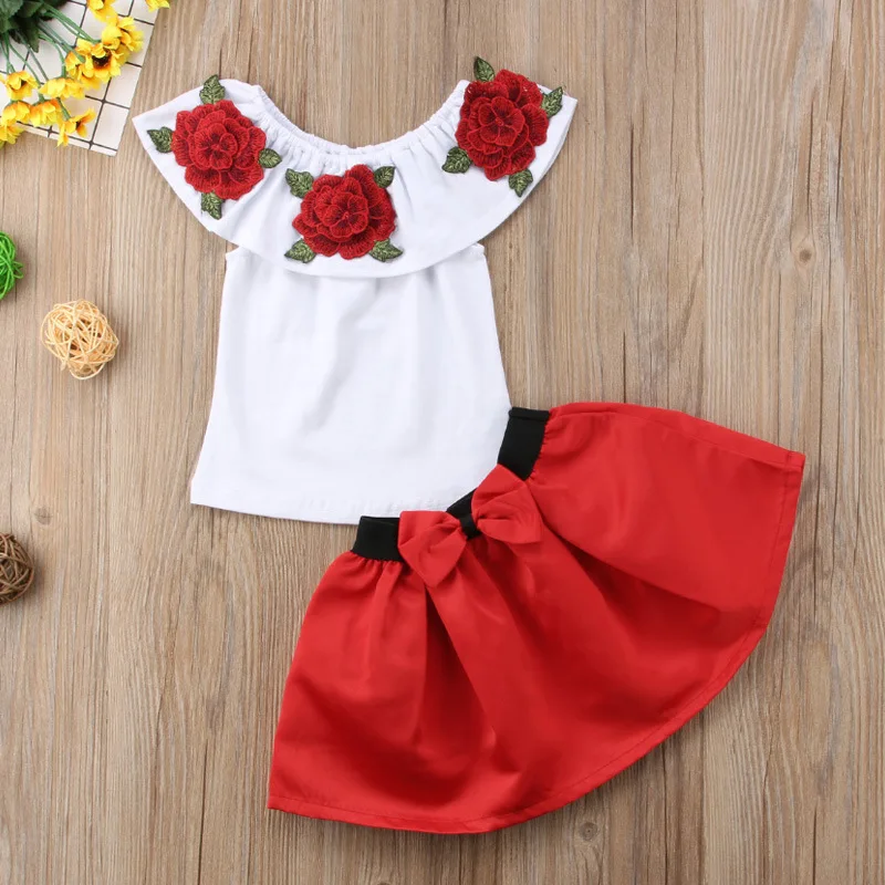 

Short skirt suit Europe United States small children girls one-shoulder rose embroidery blouse + bow red skirt two-piece set