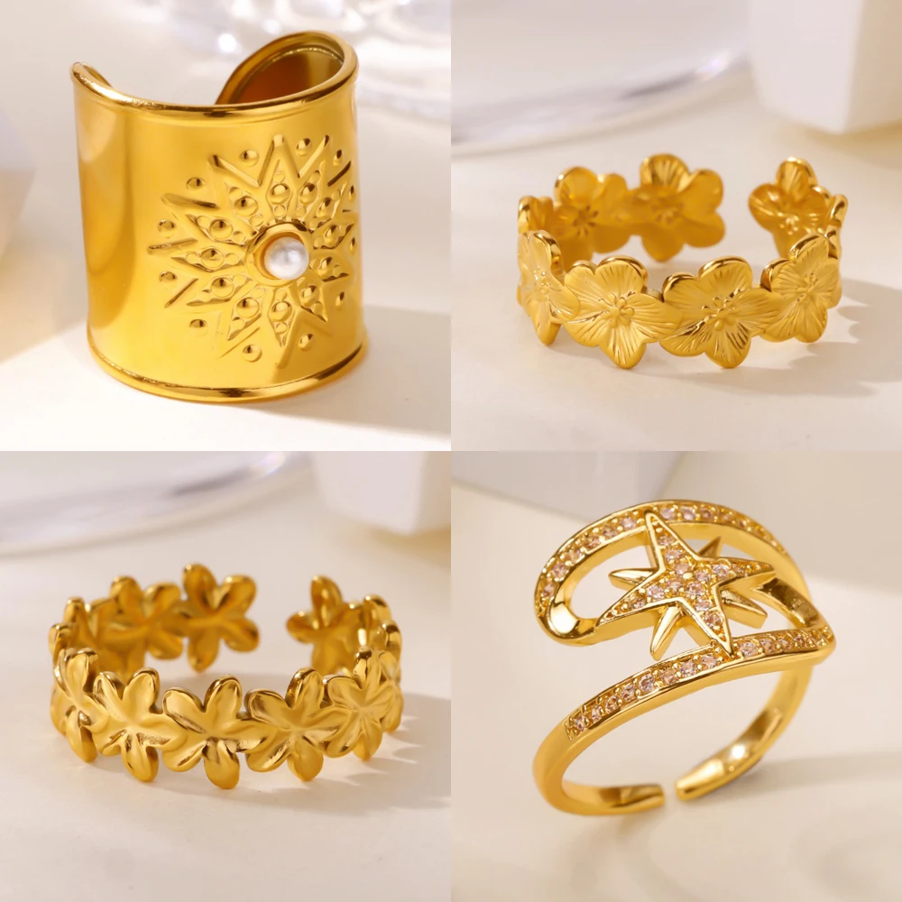 

316L Stainless Steel Flower Rings for Women Gold Color Star Ring Waterproof Statement Flora Jewelry Couple Wedding Band anillos