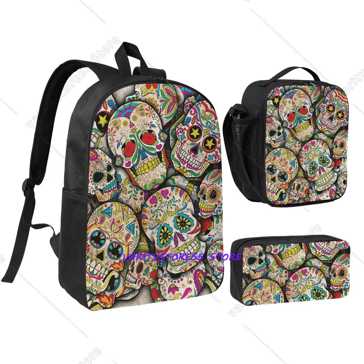 

Sugar Skull Collage Backpack Student Boys Girls BookBag School Bag Laptop Shoulder Bags 3ps Insulated Lunch Bag Pencil Case