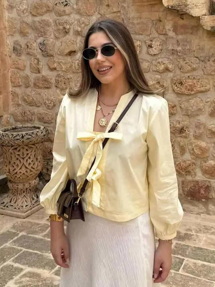 

HH Summer Causal Yellow Blouse For Women Solid Color Long Sleeves Round Neck Bow Tied Puff Sleeve Sweet Shirt Fashion Tops