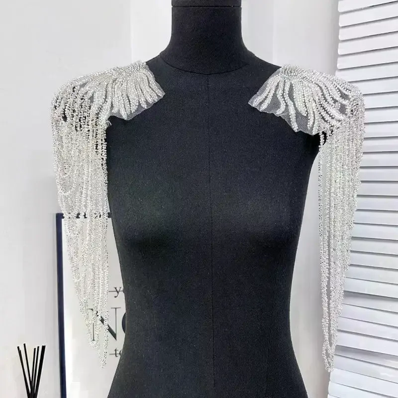 

1Pc Long Tassel Chain Sequin Shoulder Ornaments Wedding Dress Performance Clothing Fashion Shoulder Boards Embroidery Patch