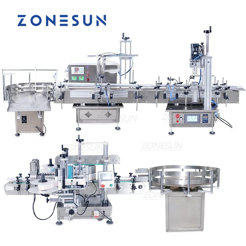 ZONESUN Small Automatic Pneumatic Juice Water Gel Bottle Liquid Filling Capping And Flat Labeling Machine Production Line
