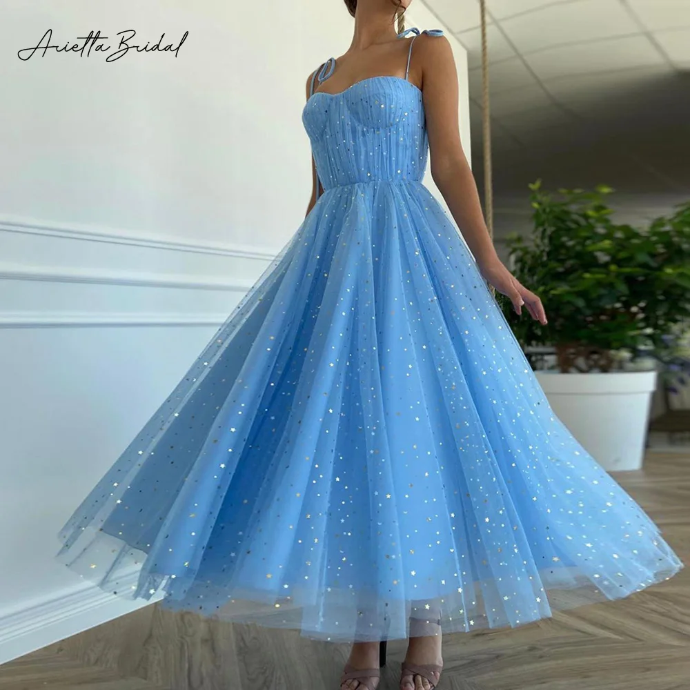 

Arietta Sparkly Blue Starry Tulle Midi Prom Dresses Spaghetti Straps A-Line Party Gowns Tea-Length Short Graduation Dresses