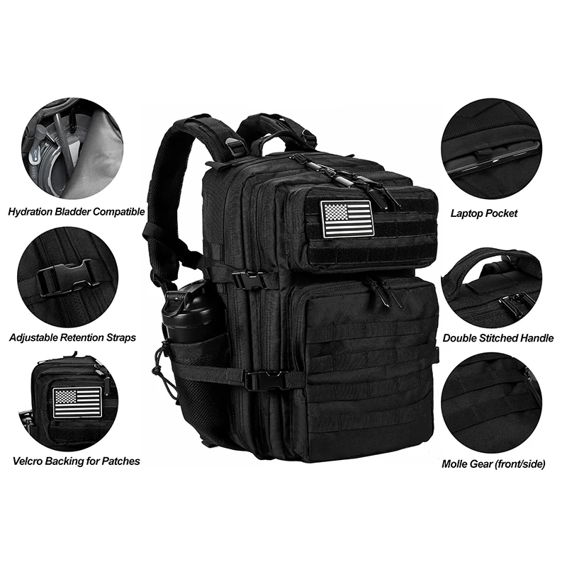 LHI 45L/35L/25L Tactical Backpack for Men and Women Waterproof Athlete Gym Outdoor Bag Travel Hiking Rucksack with Bottle Holder