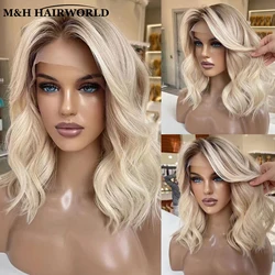 Ombre Ash Blonde Colored Highlights Bob Wig Short Natural Wavy Synthetic Hair Lace Front Wigs 13x3 Frontal Lace Wigs For Women