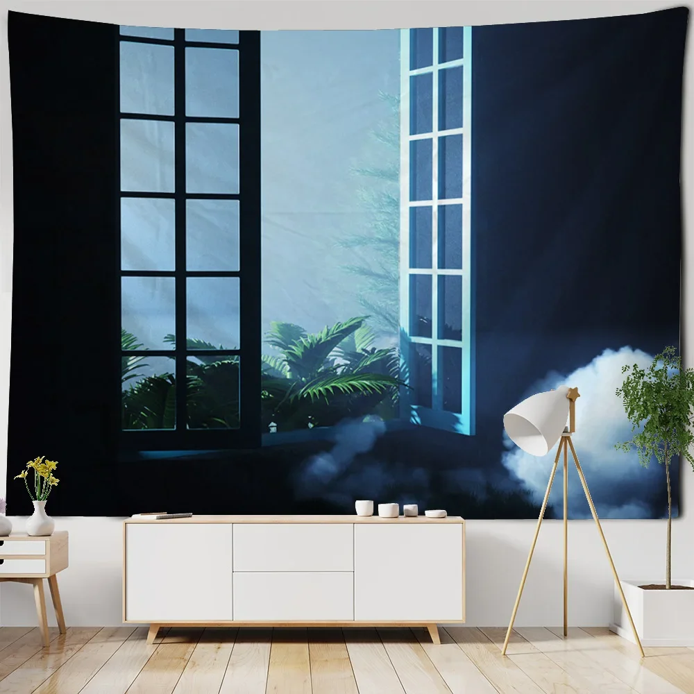 Window landscape illustration art printing tapestry, bedroom living room, cartoon background, home wall decoration hanging cloth