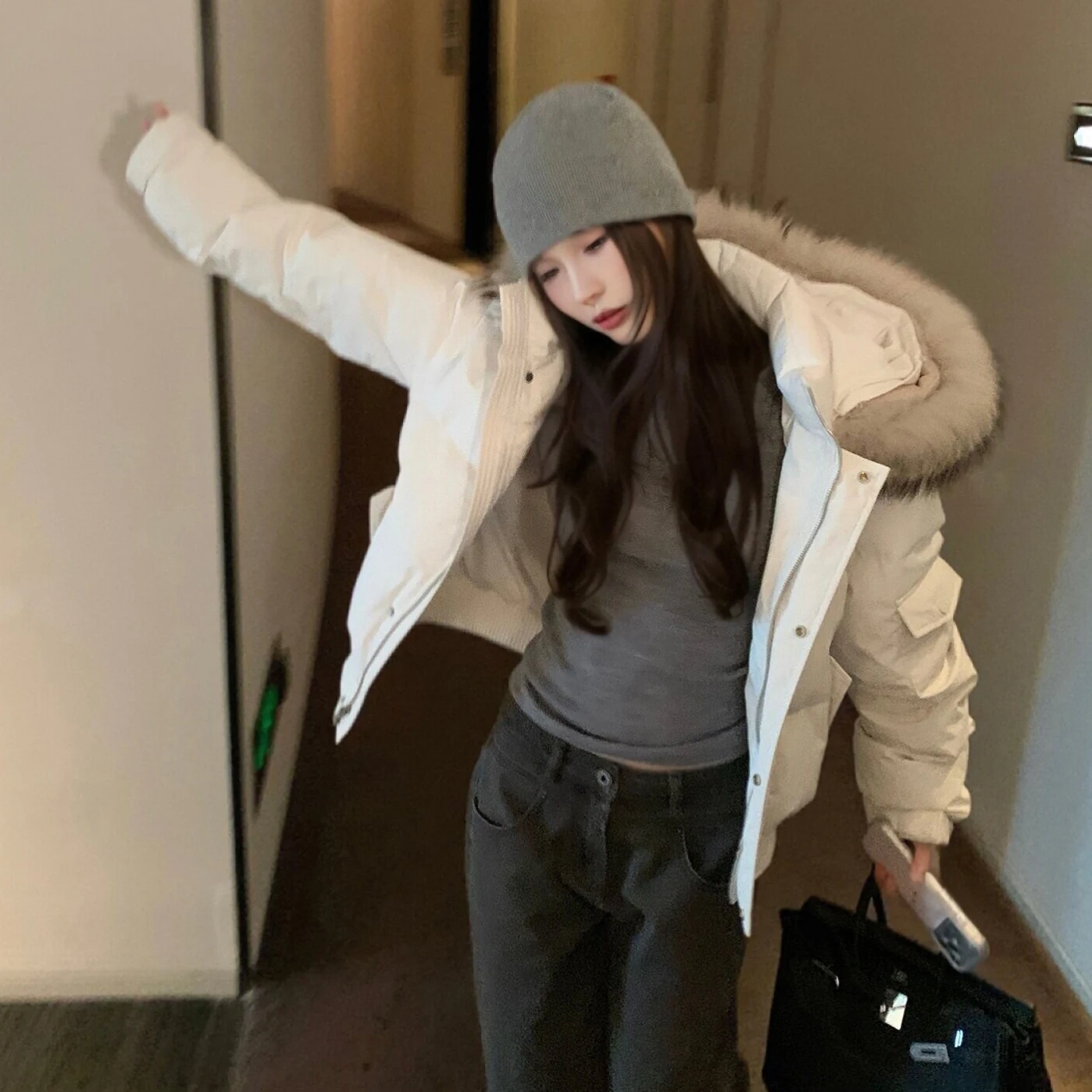 Women's Hooded Long Sleeve Jacket with Pockets Winter Warm Cotton Coat White Grey French Elegant Street Style Retro Outerwear