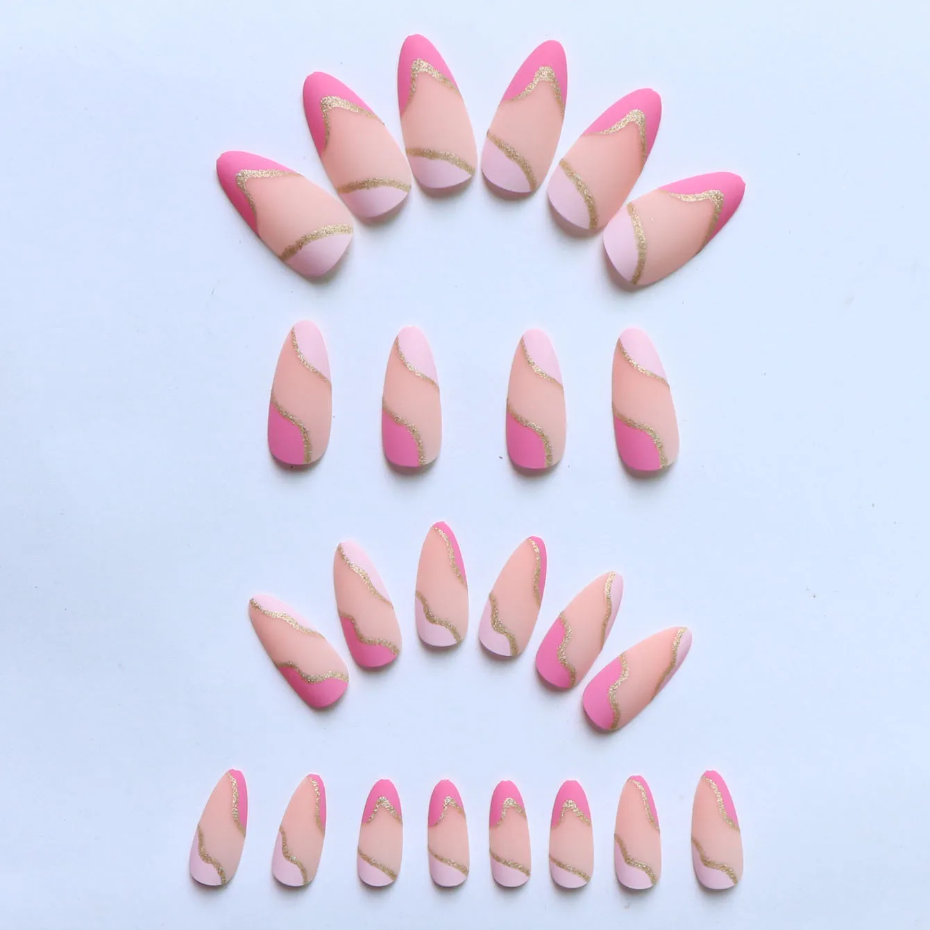 24PCS/ Almond Fake Nails Instantly Upgrade Your Look, Pink and White Set Off by Gold Lines, Simple and Generous, Suitable for Fa