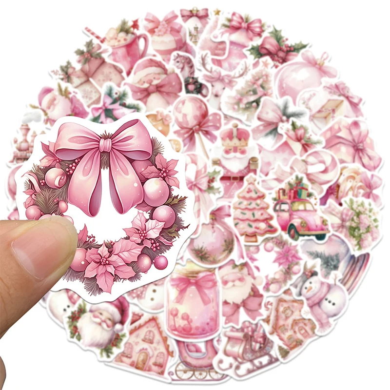 50PCS Cute Pink Christmas Stickers Vintage Pink Santa Claus Christmas Tree Sticker Pack Vinyl Waterproof Decals Water Bottles