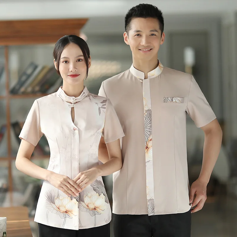 

Retro Style Waiter Workwear Short Sleeve Hotel Chinese Tea Restaurant Catering Clothing Hot Pot Restaurant Restaurant Summer Fem