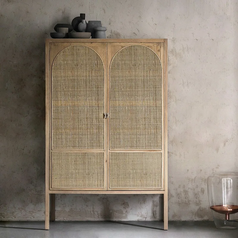 Retro solid wood rattan wardrobe Nordic bedroom home storage storage cabinet simple wabi-**** double door multi-layer wardrobe