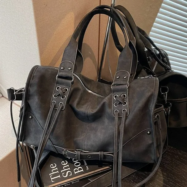 Nuevo Bolso de Mano de Cuero PU Gris para Mujer, Estilo Motociclista, Gran Capacidad, con Tachuelas, Bolso de Hombro Casual para Viajes Diarios