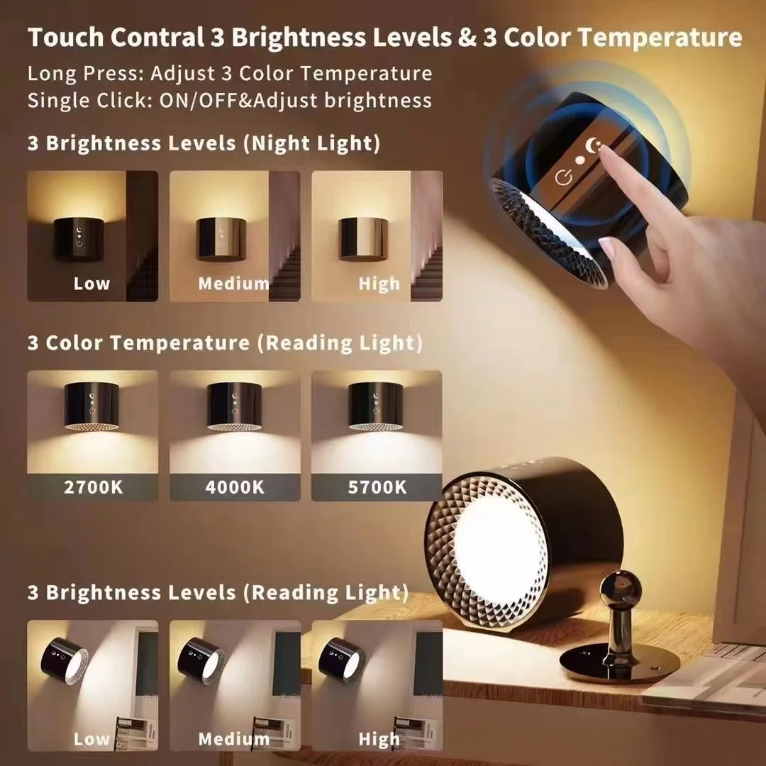 9 Colors 360° Rotation Wall Lamp Mounted Night Lights RGB LED Up Down Remote Rechargeable Wireless Reading Bedroom White Lamp