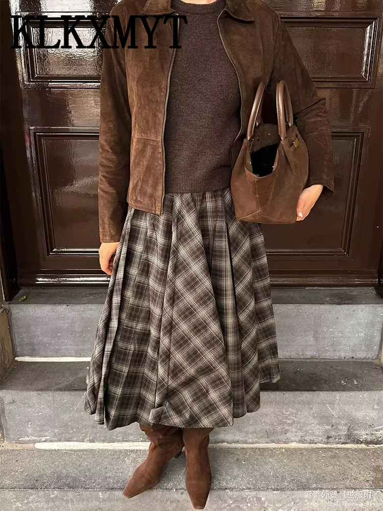 シックでエレガントなロングスカート女性のためのファッションチェックプリーツミディスカートハイストリートカジュアル女性のスカート気質新しいスカート