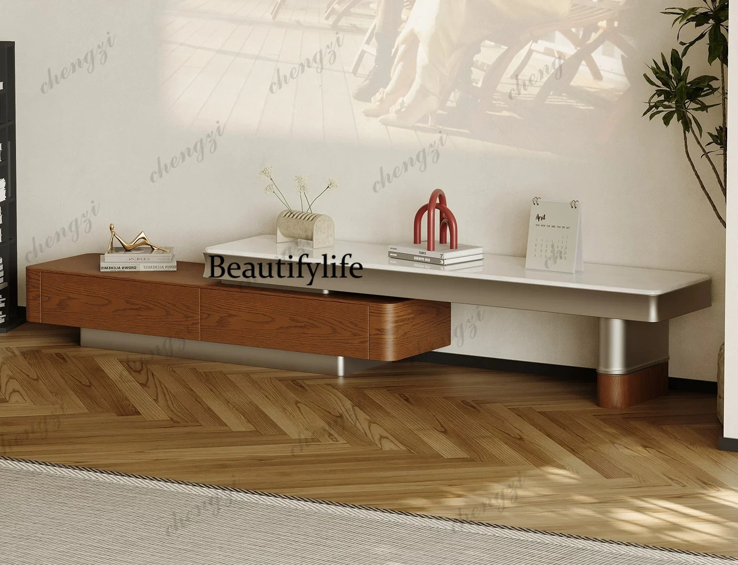 Medieval retractable TV cabinet, living room household small apartment, microcrystalline stone floor-to-ceiling TV cabinet