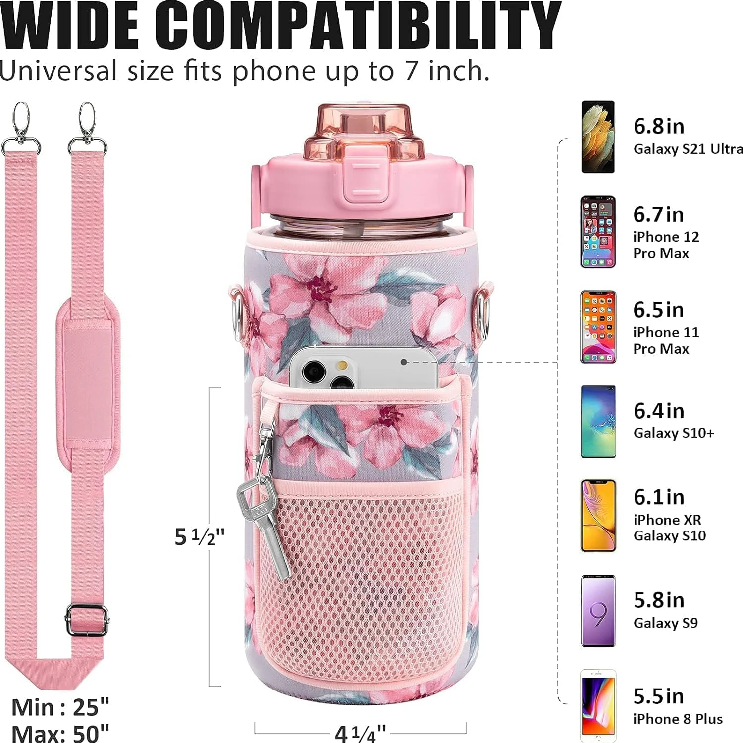 Convenient and Stylish Queen White Blossom Neoprene Water Bottle Carrier Bag with Adjustable Shoulder Strap - Ideal for Gym, Spo