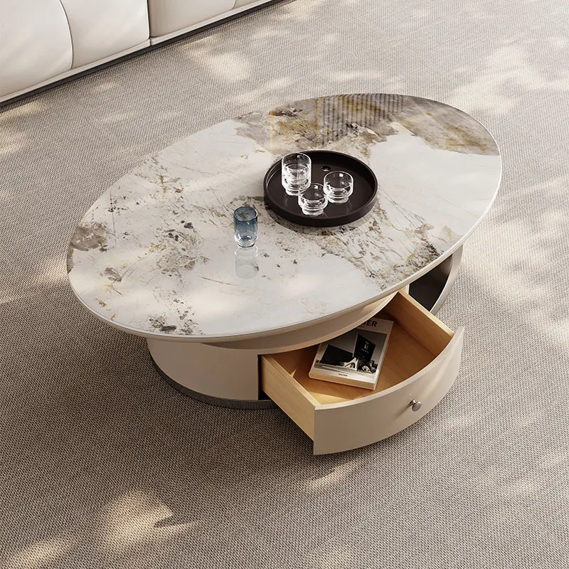 

Light Luxury Stainless Steel Oval Rock Plate Storage Coffee Table Living Room Household Simple Small Household Coffee Table