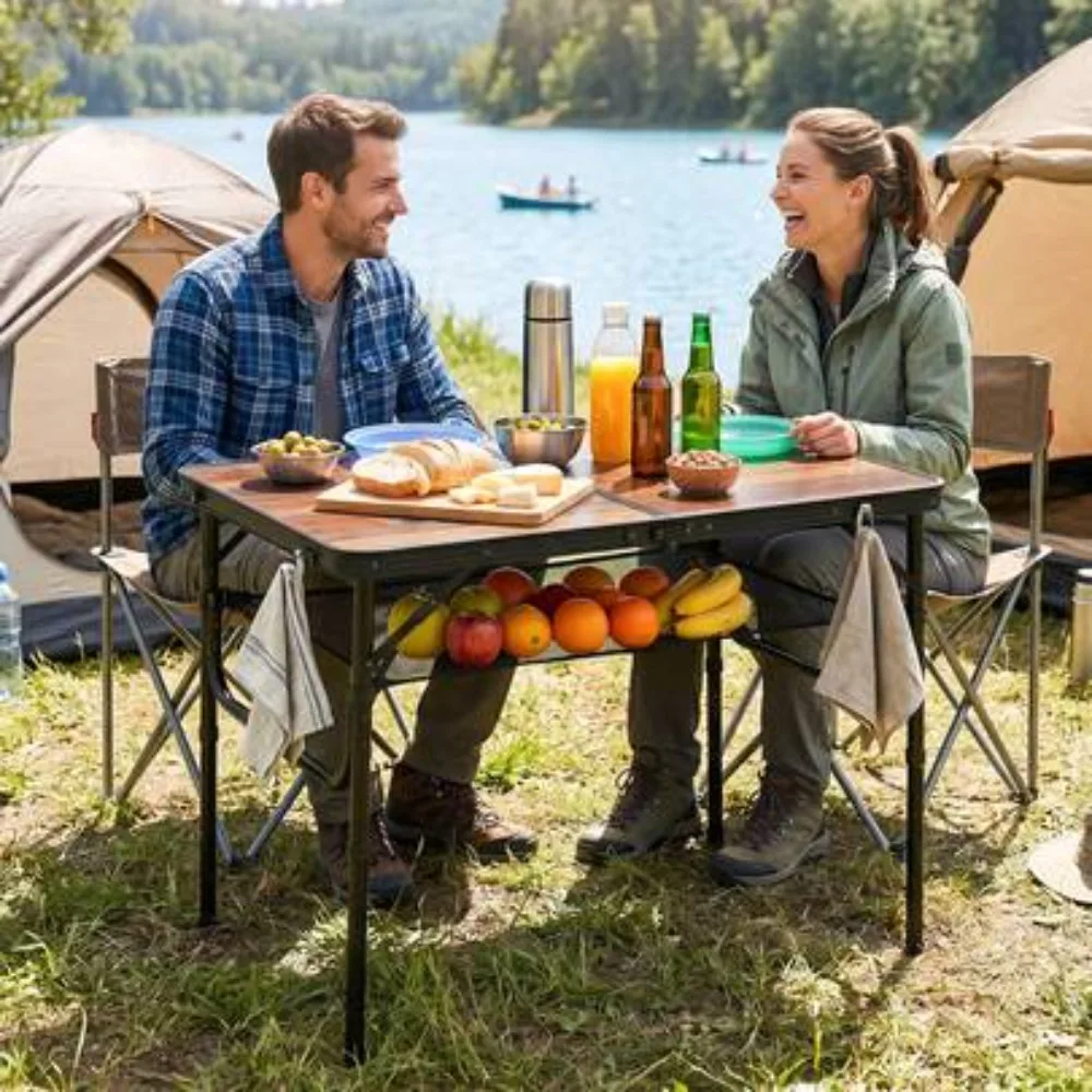3 FT Folding Camping Table Adjustable Height Portable Picnic Side Table with Storage Net Carry Handle Heavy Duty Aluminum Frame for Outdoor Beach Tailgate BBQ Patio