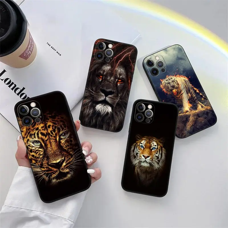 Funda de teléfono con diseño de León y tigre para iPhone, carcasa suave de TPU, para modelos 11, 15 Pro Max, 14 Plus, 13 Pro, 12, 11, X, XS, XR, 7, 8, SE, 2020